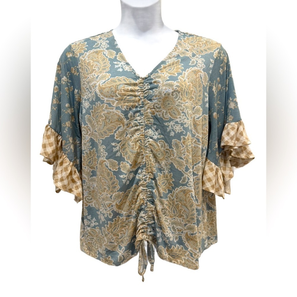 Cato Plus size Tan Ruched Ruffled 3/4 Sleeve Blouse 14/16W